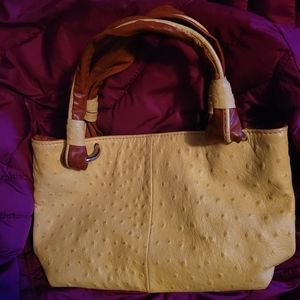 🍋Medium Genuine Leather Yellow & Rust Ostrich Embossed Handbag. Vintage Y2K